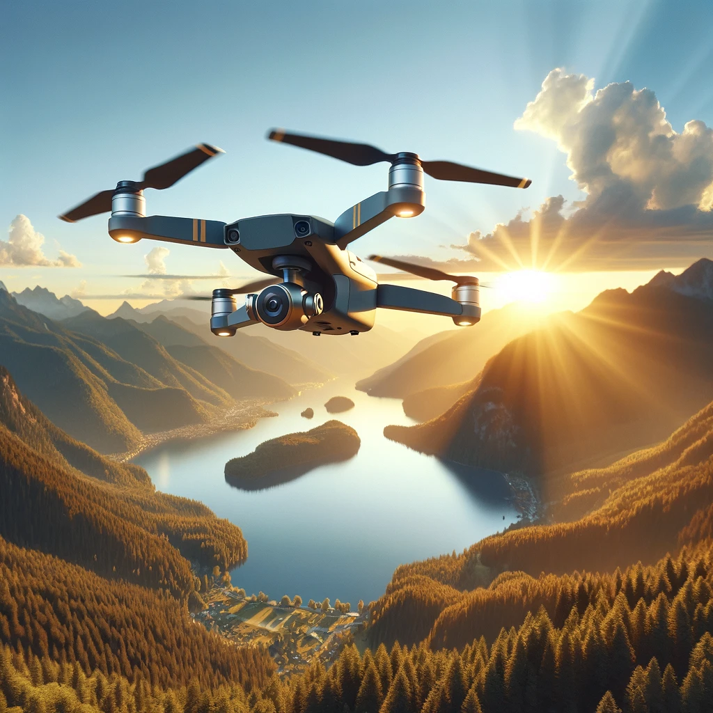 AI Generated image of a drone flying above a valley at sunset